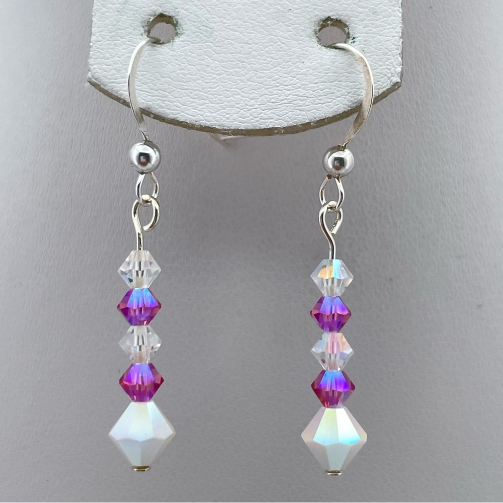 Dainty Sterling Silver Pink & Clear AB Swarovski Crystal Dangle Earrings